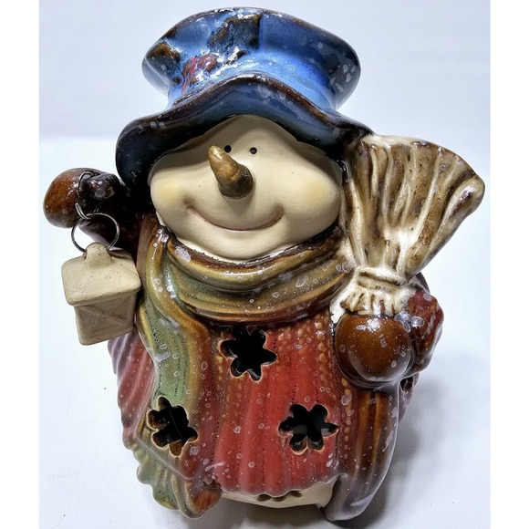 Stone Glaze Snowman Cutout Tea Light Candle Holder 7” Tall Christmas Collection - Picture 1 of 6